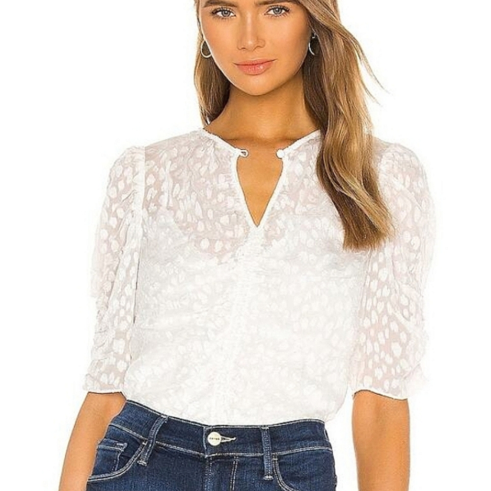 Frame Denim Shirred Keyhole Top in Off White